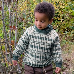 Stickad tröja Lärka - garnpaket i Bluum Pure Eco Baby Wool Stickning 1-2 år Grågrön
