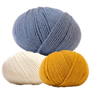 Stickat set Festset m/väst, knäbyxa och mössa - garnpaket i Bluum Pure Eco Baby Wool Stickning 1-2 år Dus Denim/Majsgul