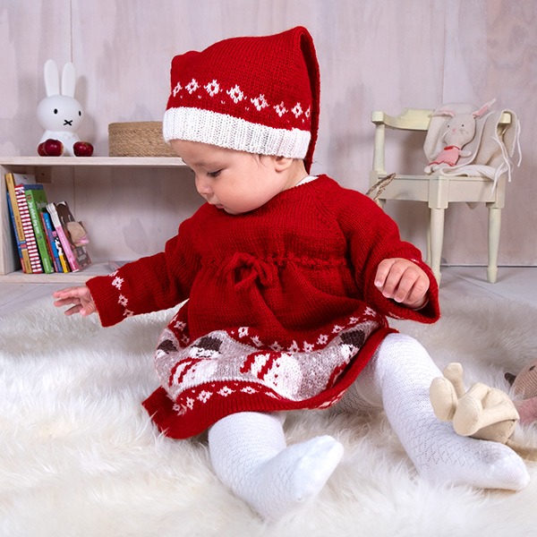 Stickat set Snögubbe klänning med tomteluva - garnpaket i Bluum Soft Merino Ull