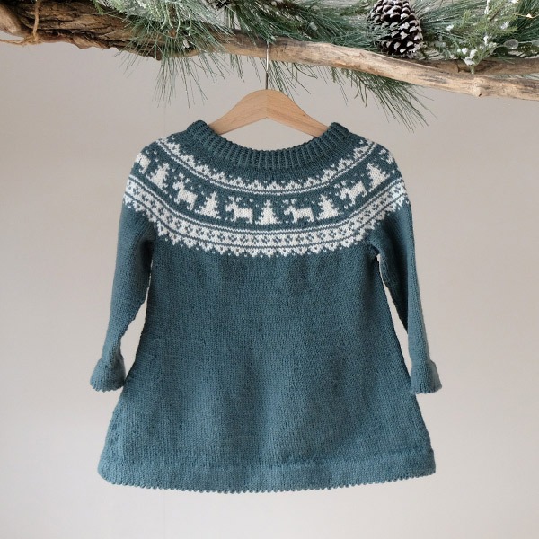 Stickad-klnning-Vinternatt-1.jpeg Stickad klänning Vinternatt - garnpaket i Bluum Pure Eco Baby Wool